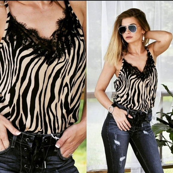 RELISTED Zebra stripe eyelash lace trim camisole - Picture 2 of 3
